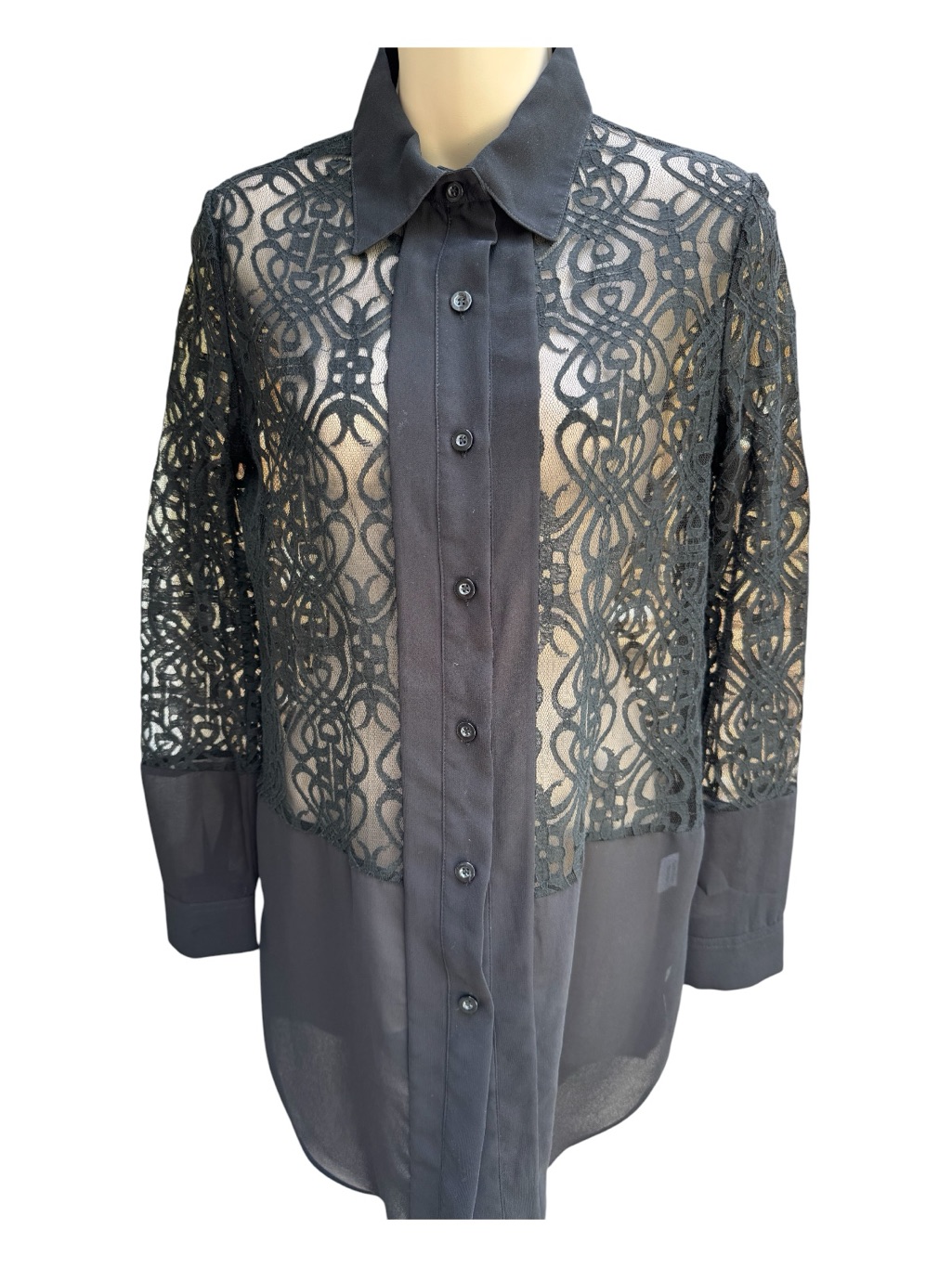 Liberty Sage Black Sheer Lace Long Blouse, Small